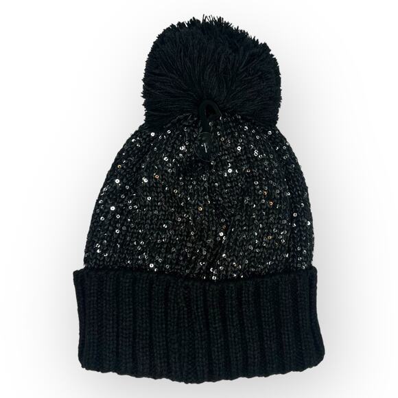 C.C NWT Fuzzy Lined Scatter Sequin Cuffed Pom C.C Beanie Black Bling Winter - Picture 2 of 6